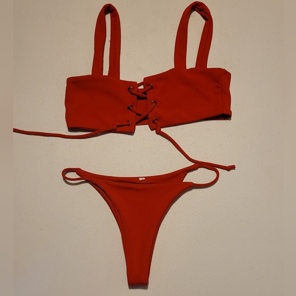 Ribbed Red Lace-Up Corset Tie Bikini Set, Small